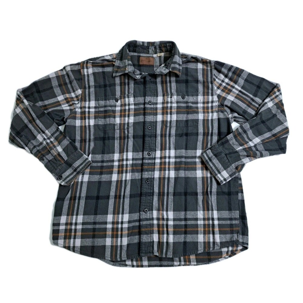 Woolrich Mens XL Flannel Gray Orange Check Plaid Lumberjack Shirt